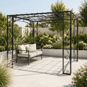 Elegant black metal garden pergola for outdoor shade, garden decor, and patio enhancement.