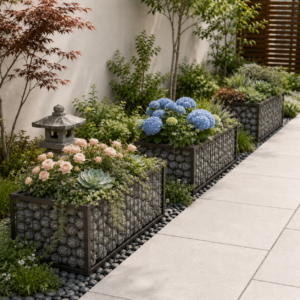 Garden walkway with lush wrought iron garden gabions