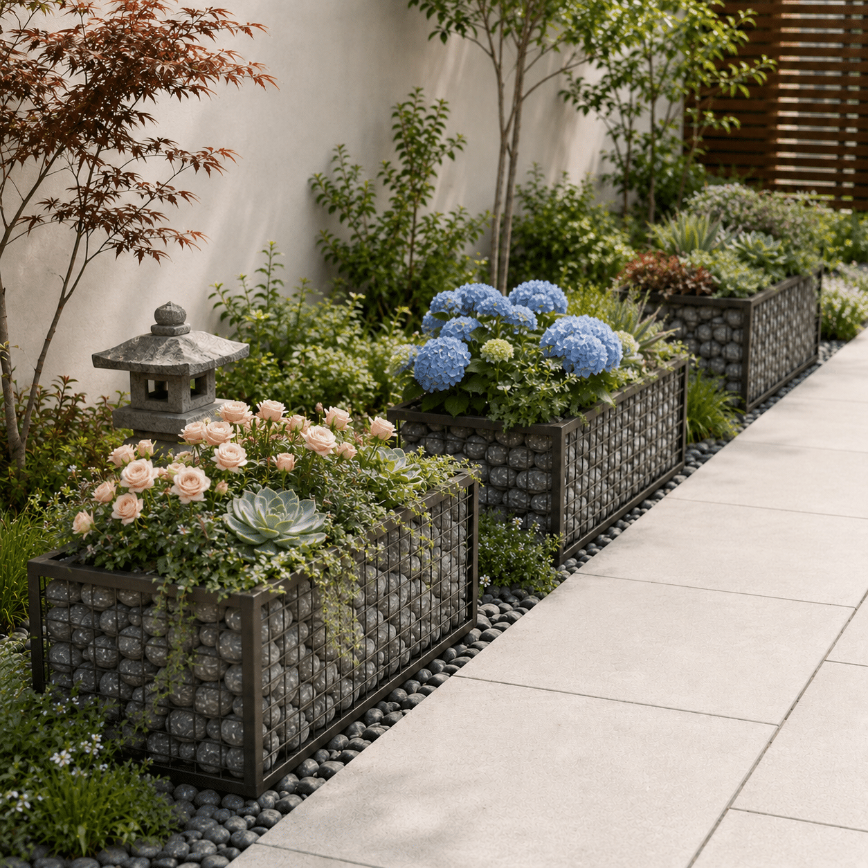 Garden walkway with lush wrought iron garden gabions