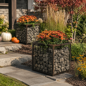 Sunlit autumn garden entrance with planters South Africa