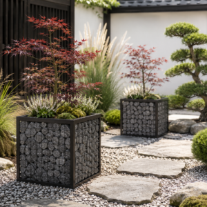 Zen garden with maple trees in wrought iron gabion planters