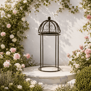 Small wrought iron pergola in a romantic rose garden in South Africa.