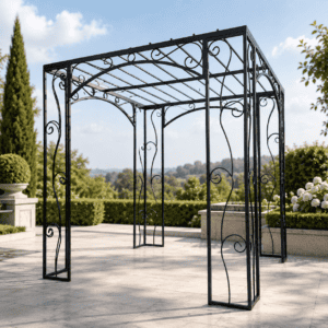 Elegant black metal garden pergola for outdoor shade, garden decor, and patio enhancement.