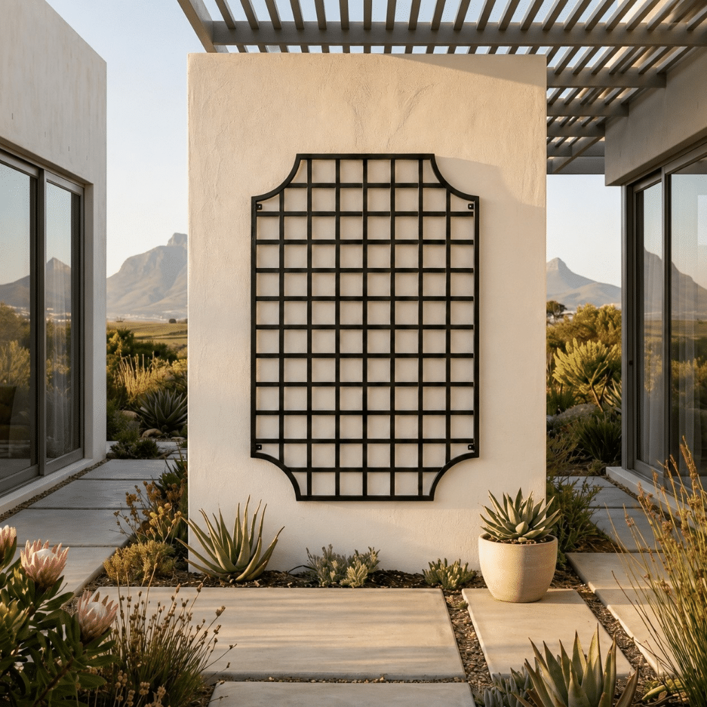 Minimalist patio with wrought iron trellis with mountain backdrop